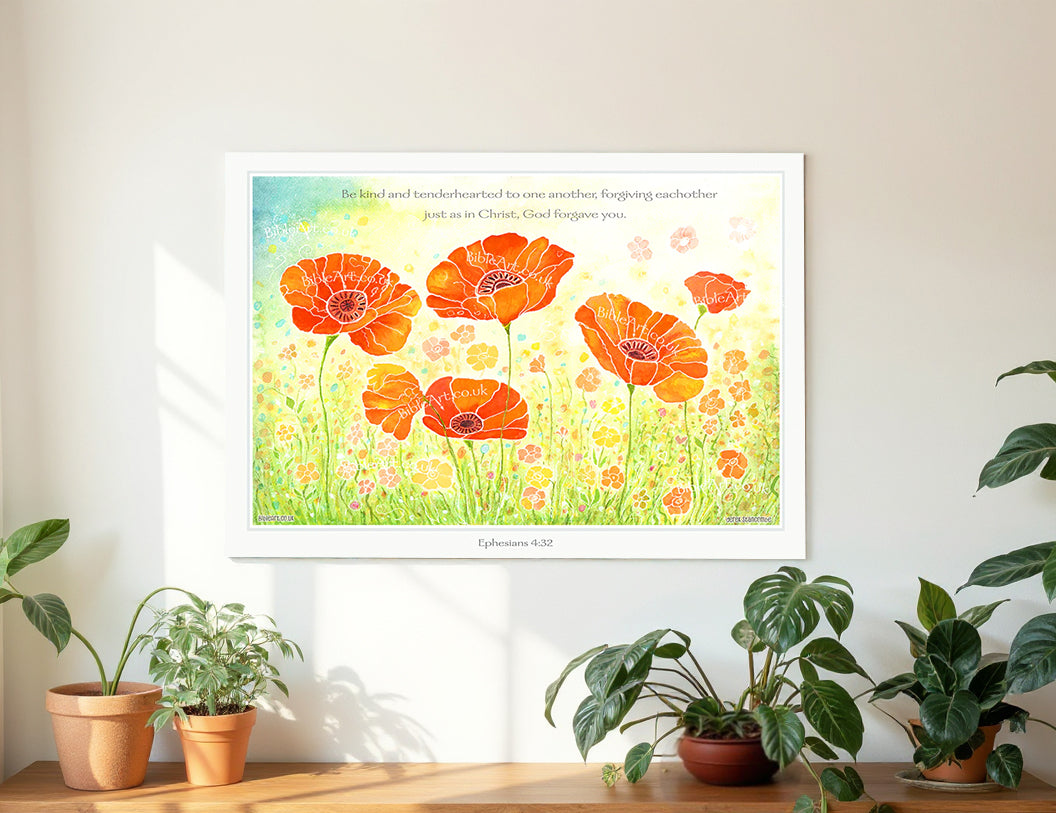 Poppies in bloom art print 'Be kind and tenderhearted to each other' Art print