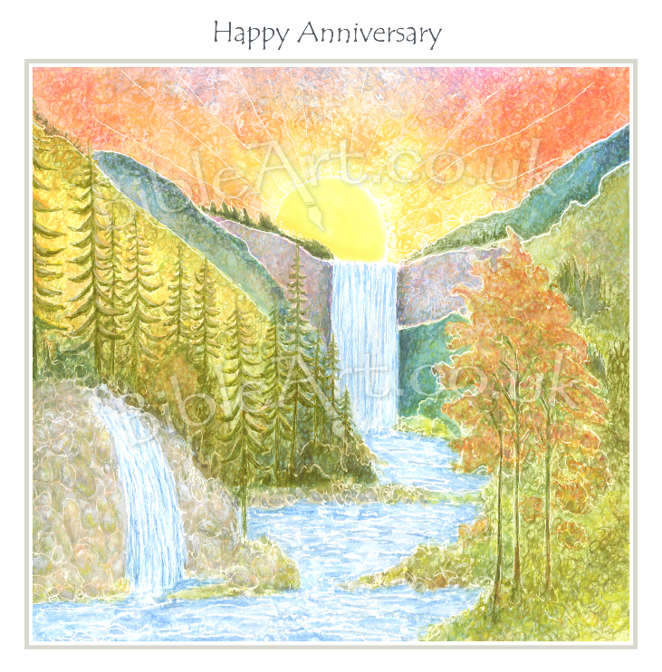 Anniversary card (Waterfalls at Sunrise theme) - (6x6" with envelope)
