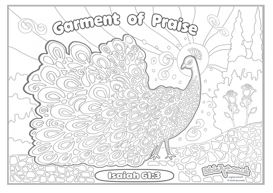 Colour-in A4 Peacock Isaiah 61:3 - Garment of Praise