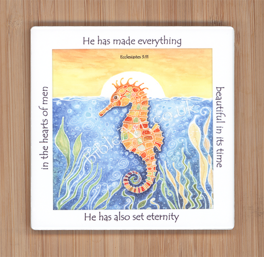 He has made everything beautiful in its time (seahorse) Coaster